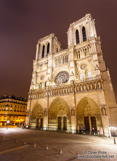 View of Paris Notre Dame cathedral by night