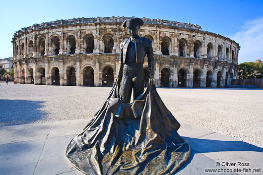 Torero sculpture in front of the coliseum in Nimes  