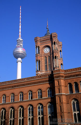 The Rotes Rathaus (Red Cityhall) in Berlin with Fernsehturm (TV tower)