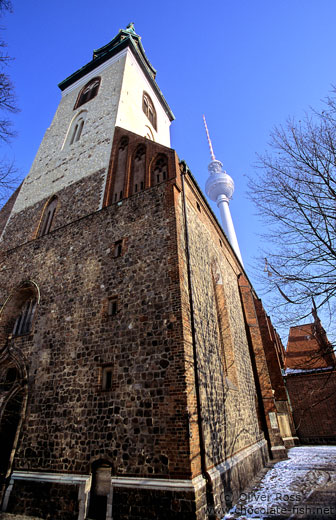 St. Marien Kirche on Berlin Alexanderplatz with Fernsehturm in the background