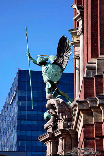 Archangel Michael above the portal of St. Michaelis church in Hamburg (Michel)