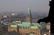 Travel photography:Aerial view of Hamburg`s Rathaus (City Hall) with gargoyle, Germany