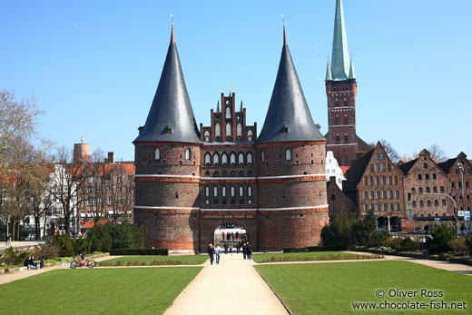 The famous Holstentor (city gate) in Lübeck with part of the city skyline