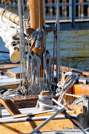 Close-up of the rigging of a sailing boat in Kiel harbour