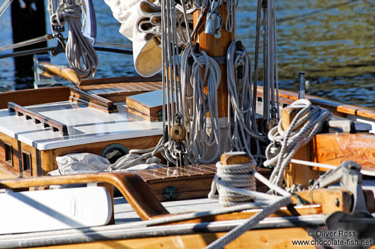 Close-up of the rigging of a sailing boat in Kiel harbour