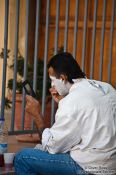 Travel photography:Street performer getting ready in Iraklio (Heraklion), Grece