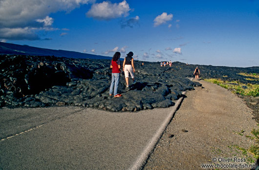 Road blocked by cooled lava in Volcano National Park