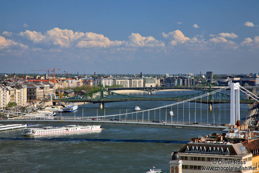 Panoramic view of the Danube river with Elisabeth-, Freedom-, and Petöfi bridges