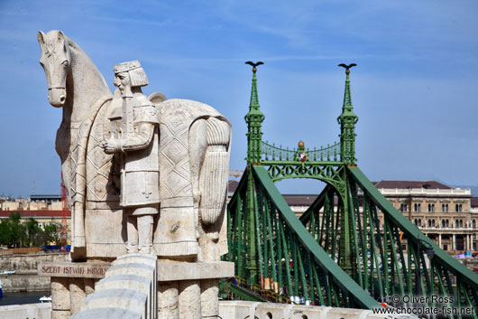 The Freedom Bridge with statue of King Stefan I (founder of Hungary)