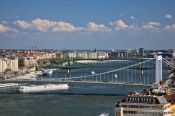 Travel photography:Panoramic view of the Danube river with Elisabeth-, Freedom-, and Petöfi bridges, Hungary