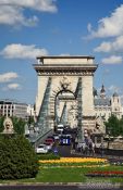 Travel photography:The Chain Bridge in Budapest with flower bed, Hungary