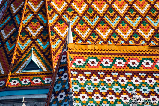 Roof tiles ontop of the Matthias Church in Budapest castle