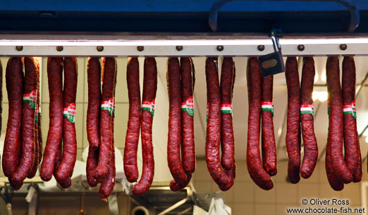 Hungarian salamis at the Budapest market 