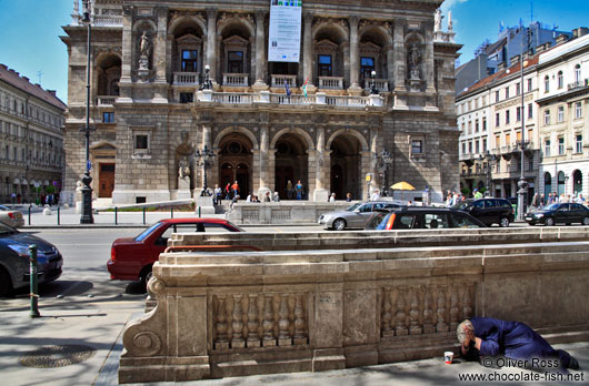 Budapest opera house with beggar 