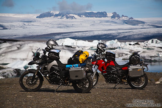 Motorbikes parked at Jökulsárlón lake