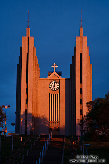 Light of the midnight sun on midsummer night hits the church in Akureyri