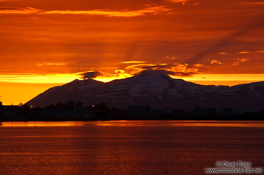 Light of the midnight sun on midsummer night at Akureyri