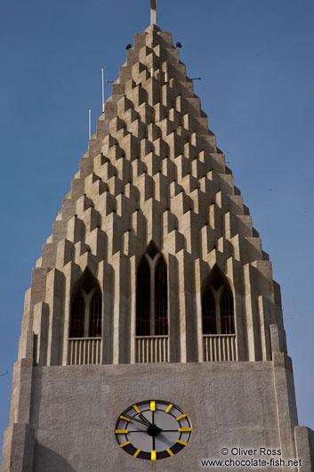 The bell tower and clock of Reykjavik´s Hallgrimskirkja church