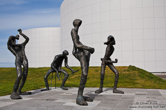 Sculpture of a music band outside the Reykjavik Perlan
