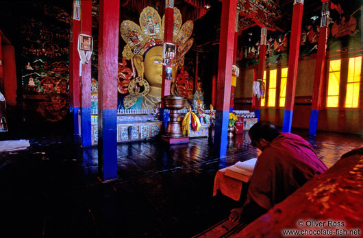 Monk with statue inside the Thiksey Gompa