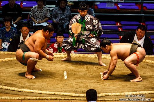 Makushita ranked wrestlers in a bout at the Nagoya Sumo Tournament