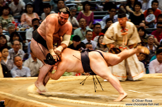 Bringing your opponent to the ground at the Nagoya Sumo Tournament
