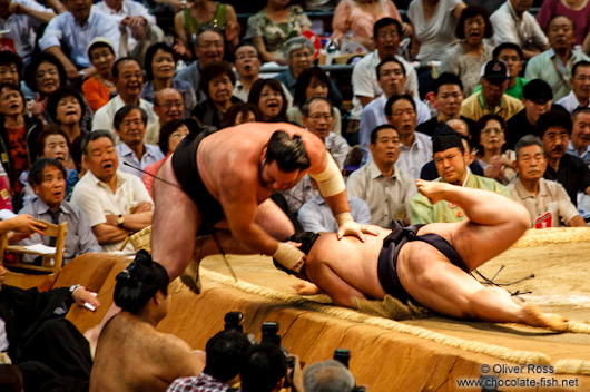 End of a bout at the Nagoya Sumo Tournament