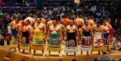 Travel photography:Entrance of the highest ranked makuuchi fighters at the Nagoya Sumo Tournament, Japan