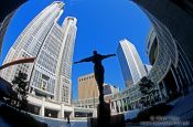 Travel photography:Statue in front of the Metropolitan Government Building in Tokyo`s Shinjuku district, Japan