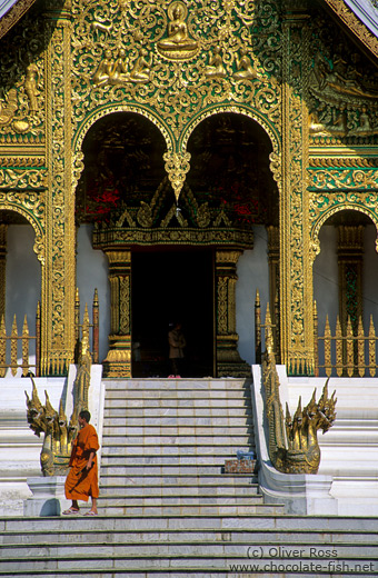 Monk descending the stairs at the Haw Pha Bang temple in Luang Prabang