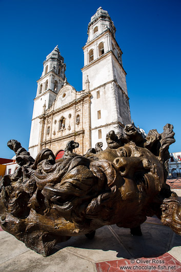 Campeche church with sculpture by Mexican artist Jose Luis Cuevas