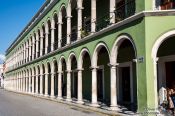 Travel photography:Colonnades along the main square in Campeche, Mexico