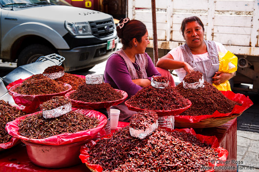 Selling crickets at the Oaxaca market