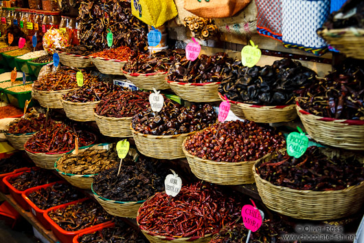 Varieties of chilli being sold at the Oaxaca market