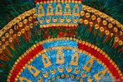 Travel photography:Detail of the Penacho de Moctezuma (feathered headdress) at the Mexico City Anthropological Museum, Mexico