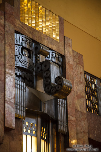 Image of Chaac on a light panel inside the Palacio de Bellas Artes