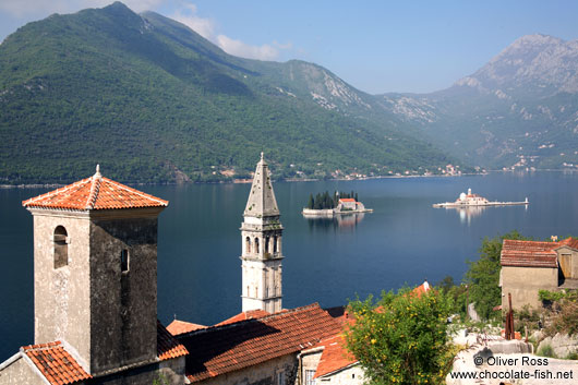 View of the two churches in Perast with the islands of Sv. Djordje (St. George) and Gospa od Škrpjela (Our Lady of the Rock)