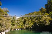 Travel photography:Hikers crossing a suspension bridge in Abel Tasman National Park, New Zealand