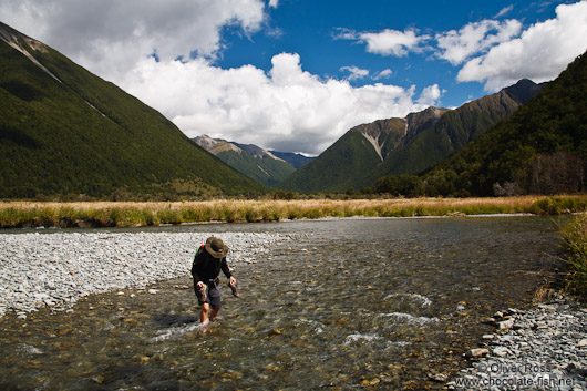 Crossing Travis River at Lake Rotoiti