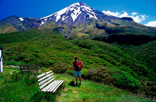 Hiker with Mt Taranaki