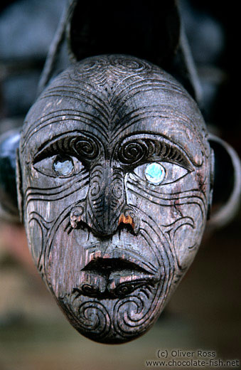 Close-up of one of the figureheads of the Maori wakas in Waitangi