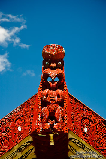 Facade detail on a Maori meeting house near Whanganui