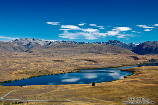 Landscape with Lake Alexandrina and the Southern Alps in MacKenzie Country