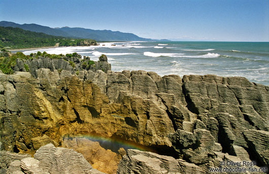 Rainbow over the Punakaiki pancake rocks