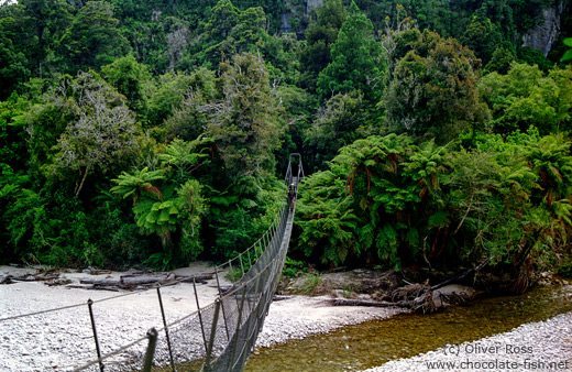 Crossing a swing bridge on the Heaphy track