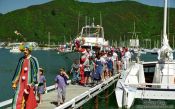 Travel photography:Santa Claus arrives in the Marlborough Sounds near Waikawa, New Zealand