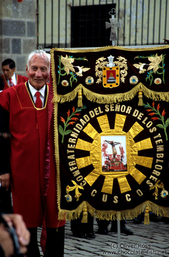 Participant at the procession of el Señor de los Temblores (Lord of the earthquakes) in Cusco