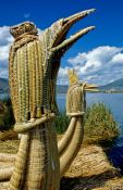 Travel photography:Decorations at the prows of the Uros boats, Peru