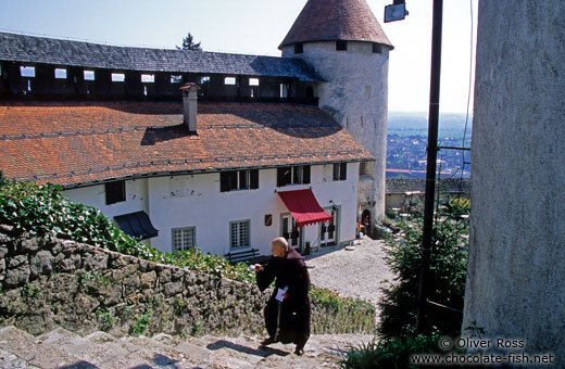 Monk ascending stairs in Bled castle