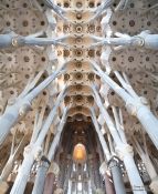 Travel photography:Large panorama of the interior of the Barcelona Sagrada Familia, Spain